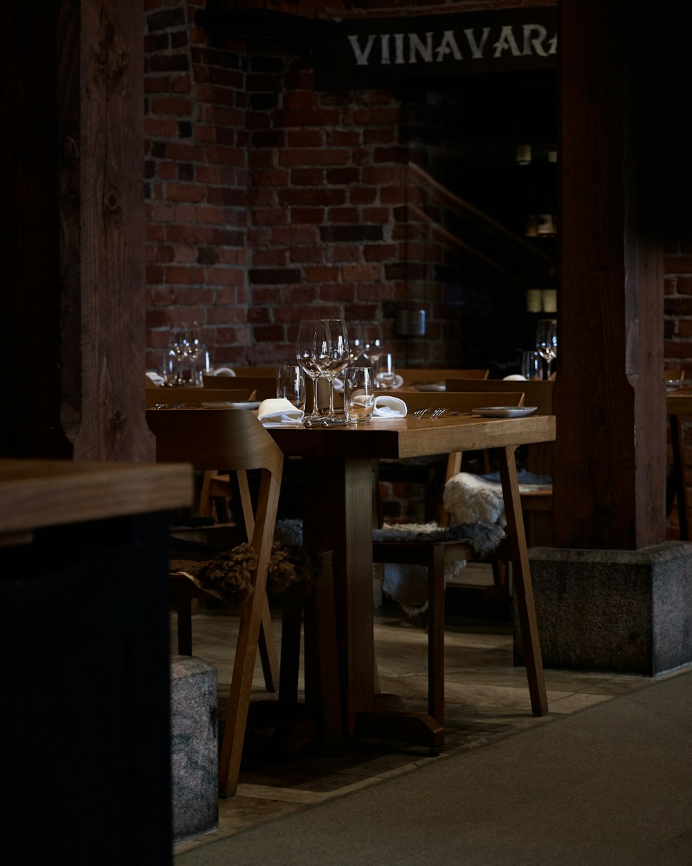 a table with empty glasses