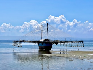 A unique fishing structure is positioned on a sandy shore, with a large, net-like apparatus extending over the water. It's under a bright blue sky with scattered fluffy clouds. The structure has a central mast and numerous cables stretching outwards over the sea.