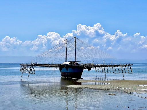 A unique fishing structure is positioned on a sandy shore, with a large, net-like apparatus extending over the water. It's under a bright blue sky with scattered fluffy clouds. The structure has a central mast and numerous cables stretching outwards over the sea.