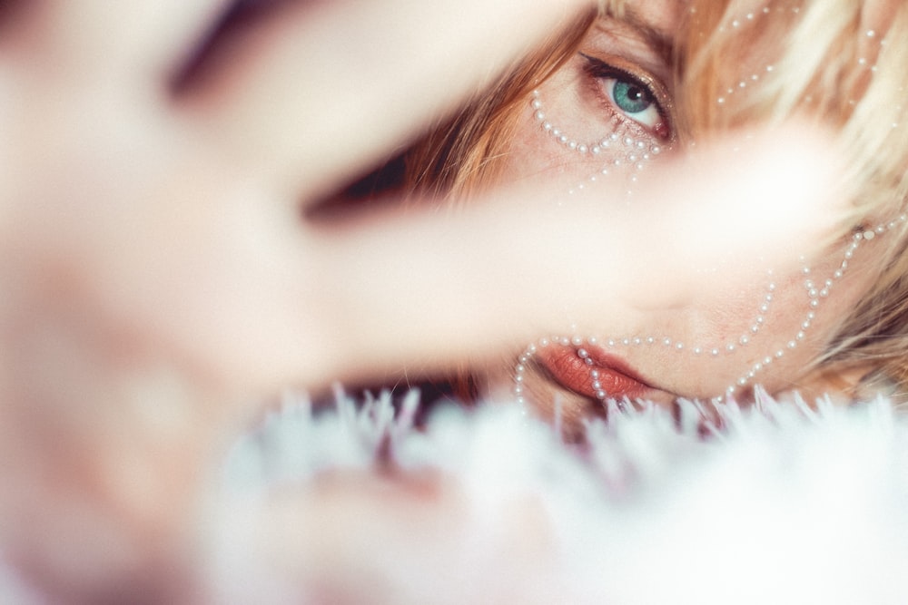 a close up of a woman's face