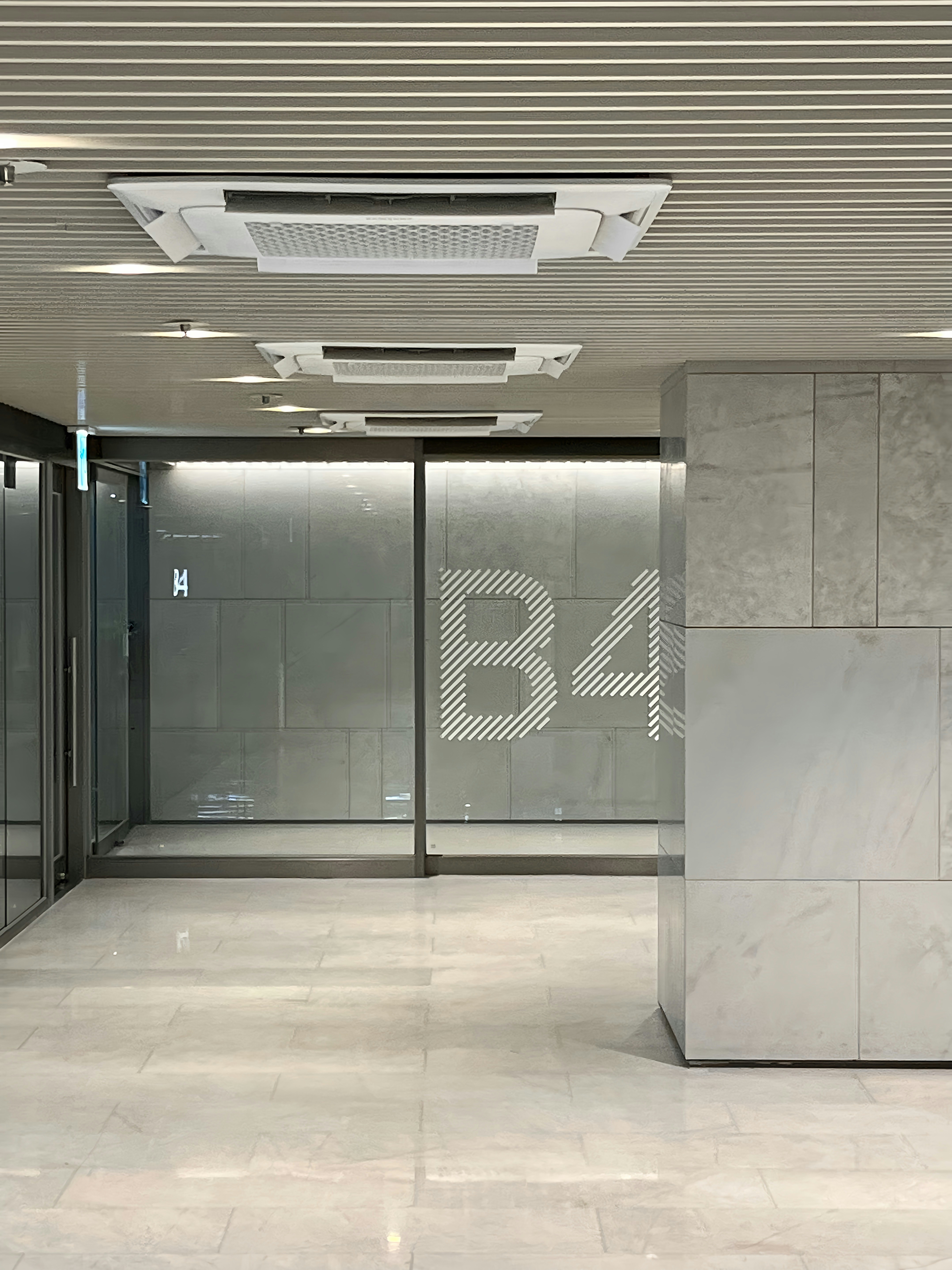 a room with a glass door