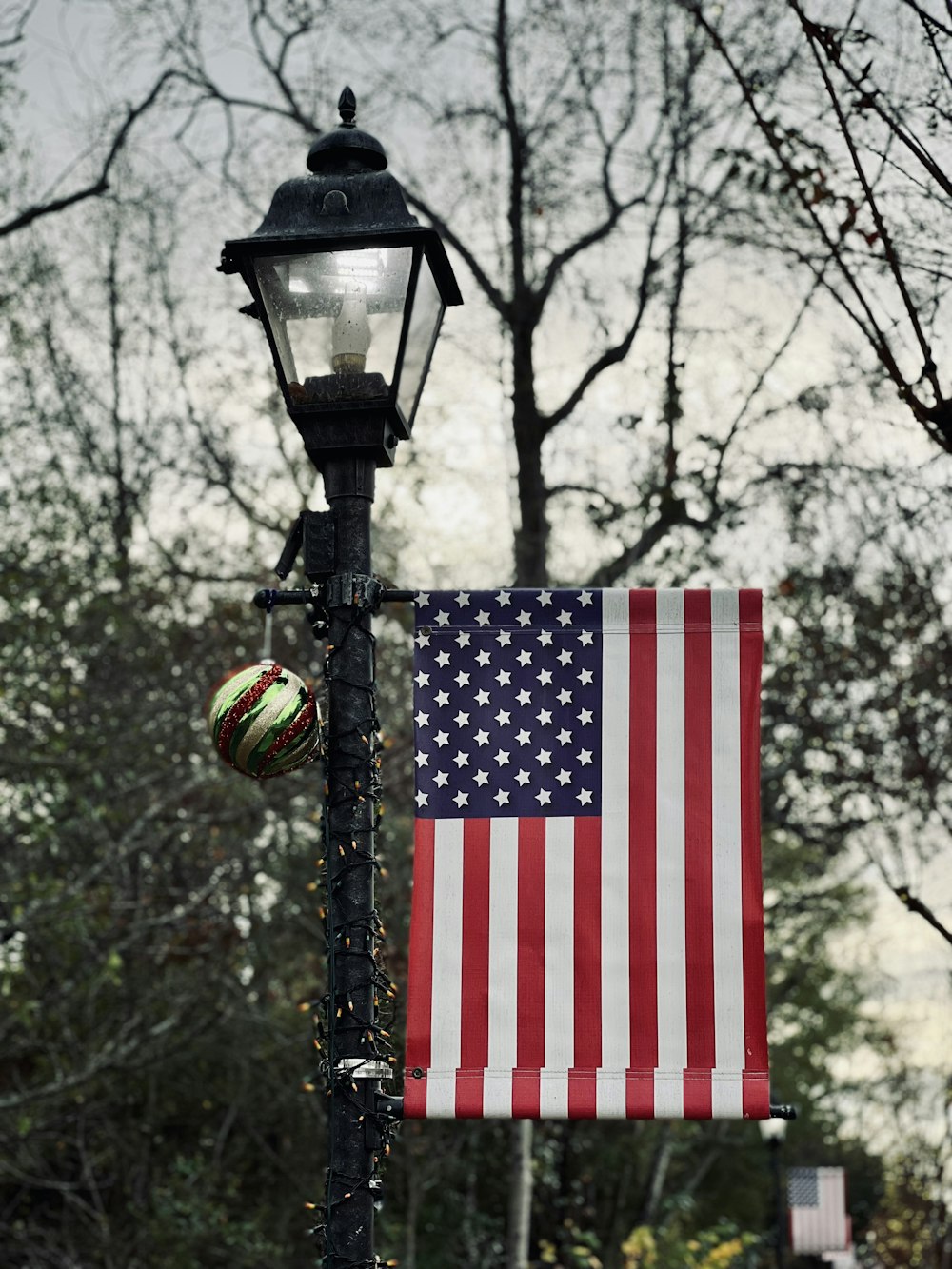 a flag on a lamp post