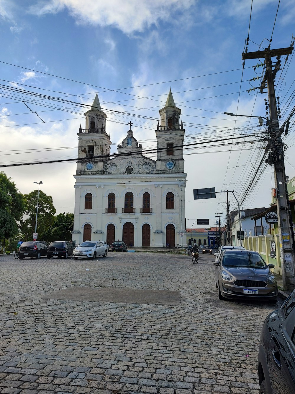 a white building with a tower