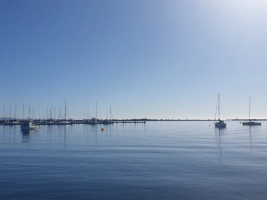 A serene marina scene with boats gently floating on crystal-clear water surrounded by lush greenery.