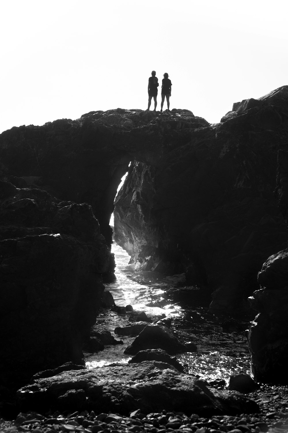 a couple of people standing on a rock ledge above a river