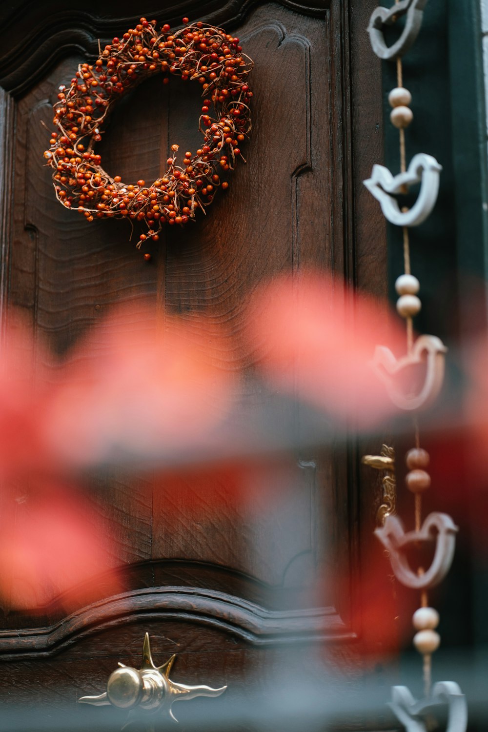 a door with a red curtain