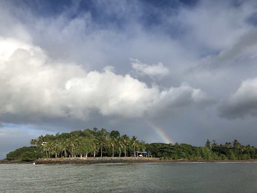 a body of water with trees and a land with clouds above