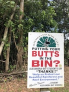 A sign in front of dense green foliage advises people to dispose of their cigarette butts properly. The text prominently reads 'PUTTING YOUR BUTTS IN THE BIN?' and highlights a message from students at Alexandra Bay School, thanking individuals for protecting the environment. A signature from a student named Murlin Thomas is visible.