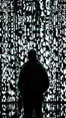 a person standing in front of a wall of lights
