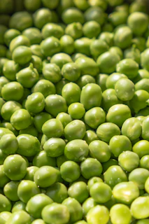 Close-up of vibrant frozen green peas glistening with frost.