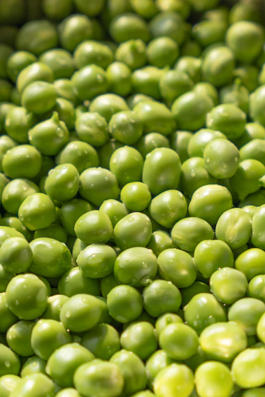 Close-up of vibrant frozen green peas glistening with frost.
