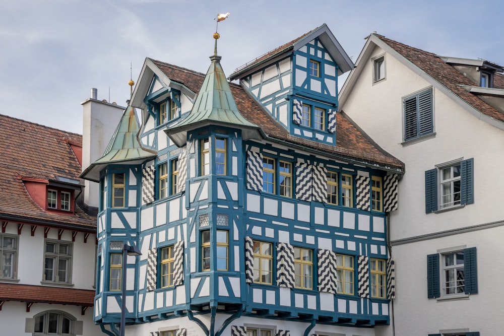 a building with a blue roof