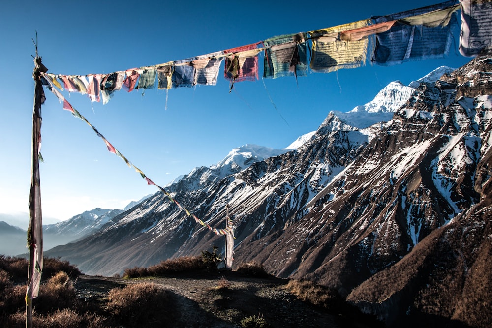 a group of people from a rope over a mountain