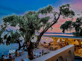 A seaside restaurant during sunset with people dining al fresco. There is a large, old tree in the center, surrounded by tables, while the horizon shows a blending of warm and cool tones. The seating area extends under a structure with archways and hanging lights, creating a cozy atmosphere.