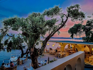A seaside restaurant during sunset with people dining al fresco. There is a large, old tree in the center, surrounded by tables, while the horizon shows a blending of warm and cool tones. The seating area extends under a structure with archways and hanging lights, creating a cozy atmosphere.