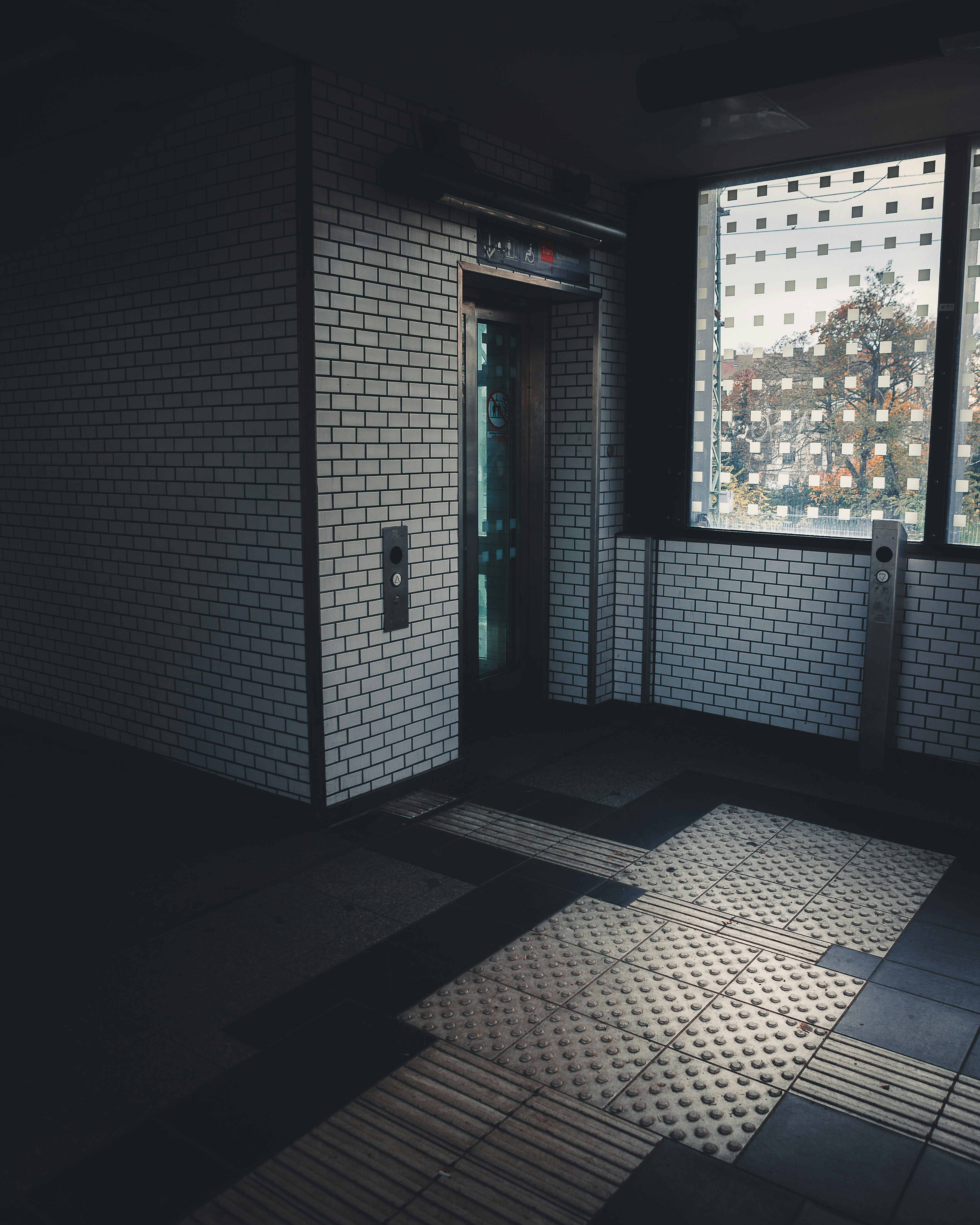 a brick building with a door