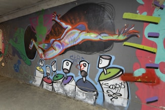 Graffiti artwork features human figures in vibrant colors. The central figure appears to be in motion, with exaggerated limbs and a rainbow-like hue. Below, abstract shapes resemble spray paint cans with faces.
