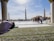 A spacious courtyard of a mosque with beautifully decorated minarets in the background. A few people in traditional attire are walking, while one person sits on a green prayer rug, engaged in reading or reflection.
