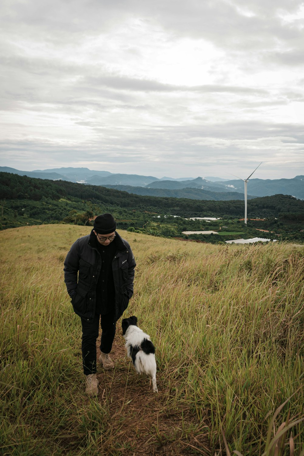 a man and a dog in a grassy field