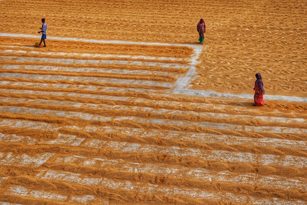 people walking on a dirt road