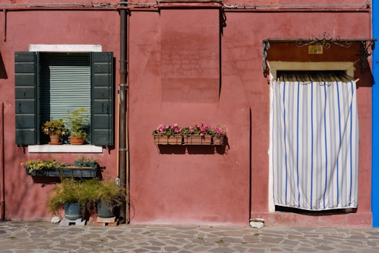 a pink building with windows and plants