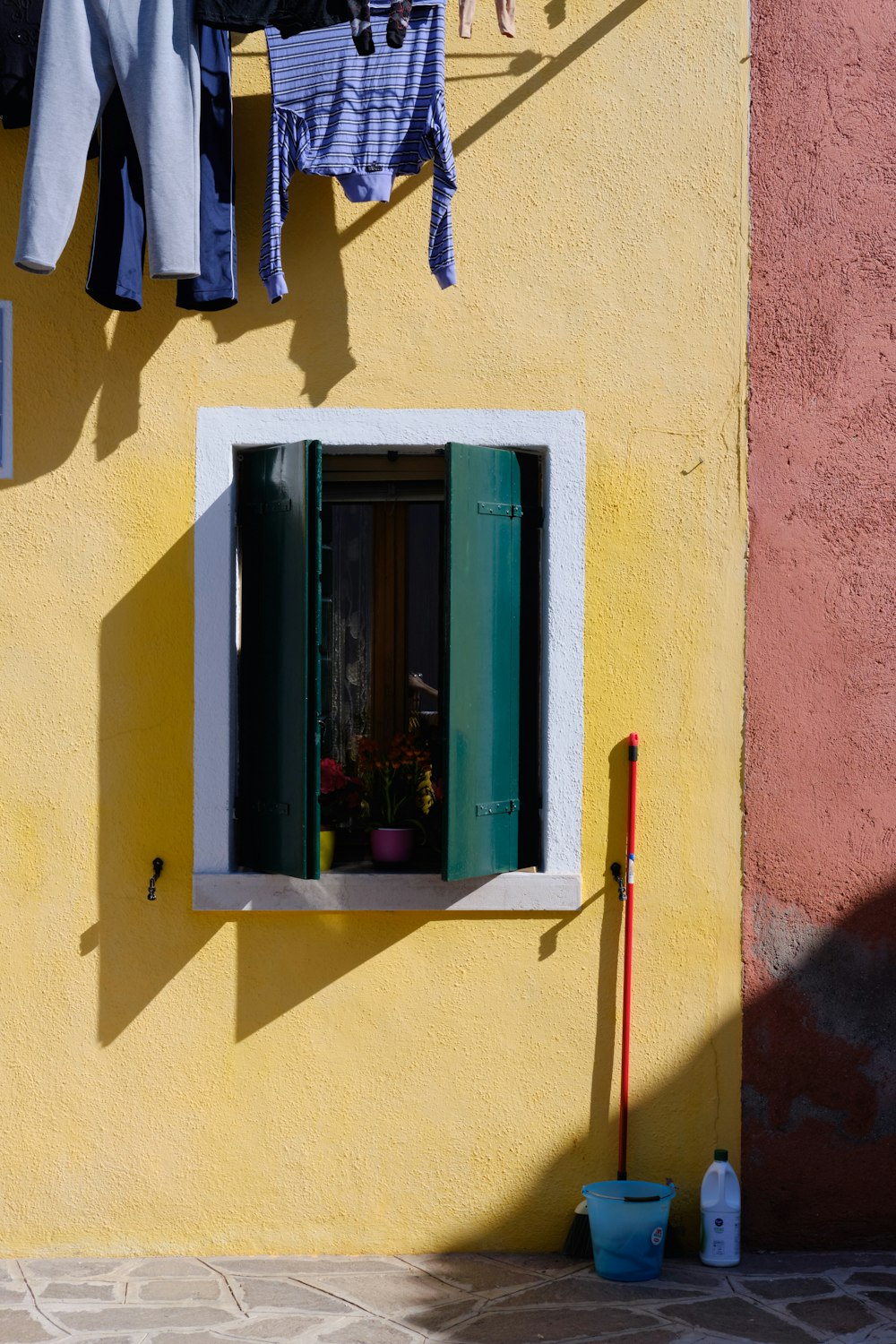 a window with clothes on it