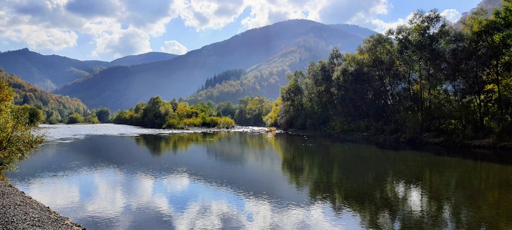 a lake surrounded by trees and mountains