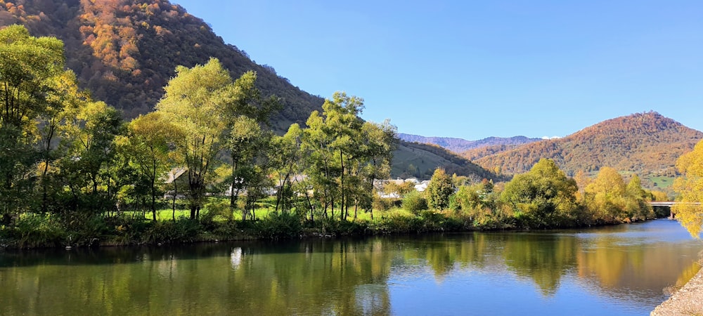 a lake with trees and mountains in the background