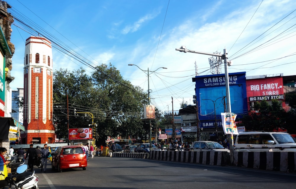 a street with cars and buildings along it