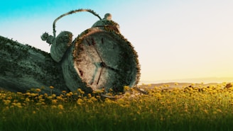 A large, weathered alarm clock partially covered in moss lies on its side in a field of yellow flowers. The scene is set against a clear sky and soft, gentle lighting, evoking a sense of time passing amid nature's embrace.