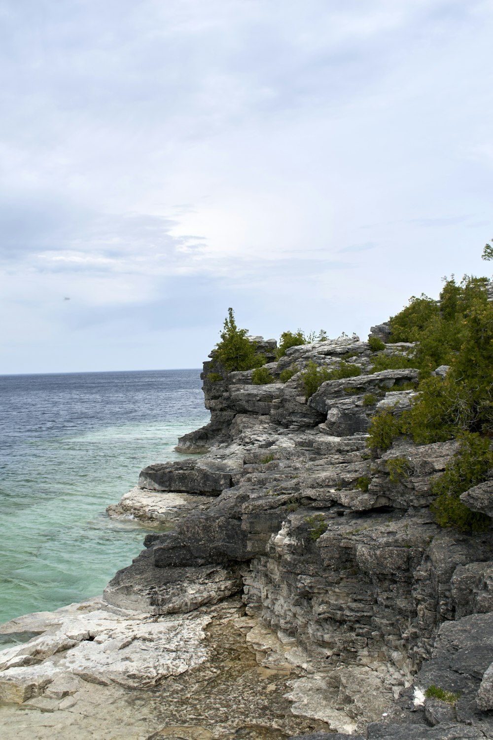 a rocky cliff with trees and water in the background