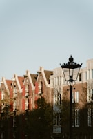 A vintage street lamp stands in the foreground with a backdrop of traditional European-style buildings. The architecture features gabled roofs and rows of windows, creating a classic urban skyline. Sparse trees with autumn foliage are visible, adding a natural element to the scene.