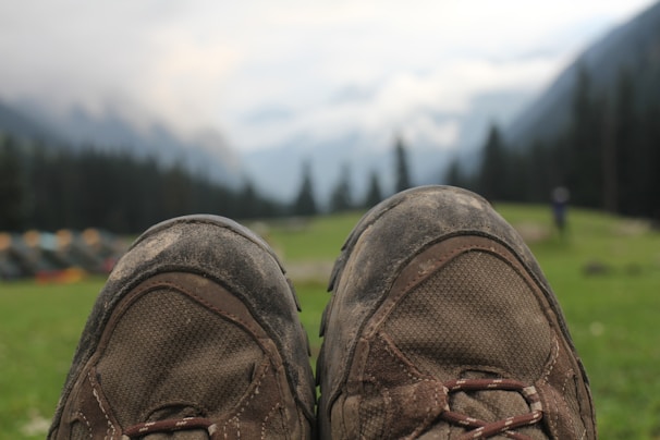 Close-up of weathered hiking boots stepping over a rocky mountain path with wildflowers nearby