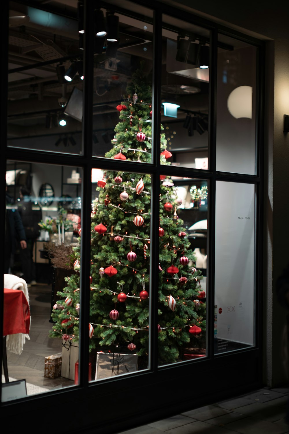 a christmas tree in a window