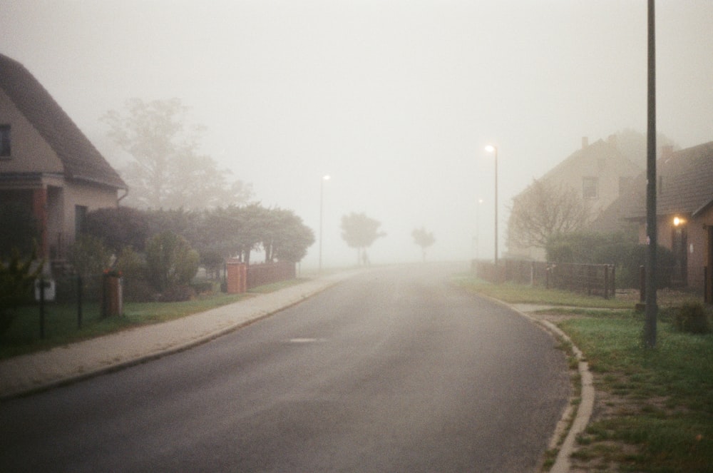 a foggy street with houses and trees on either side of it