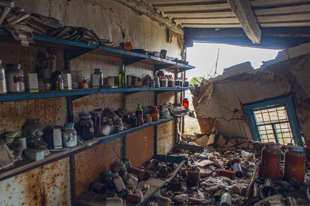 a room with shelves and bottles