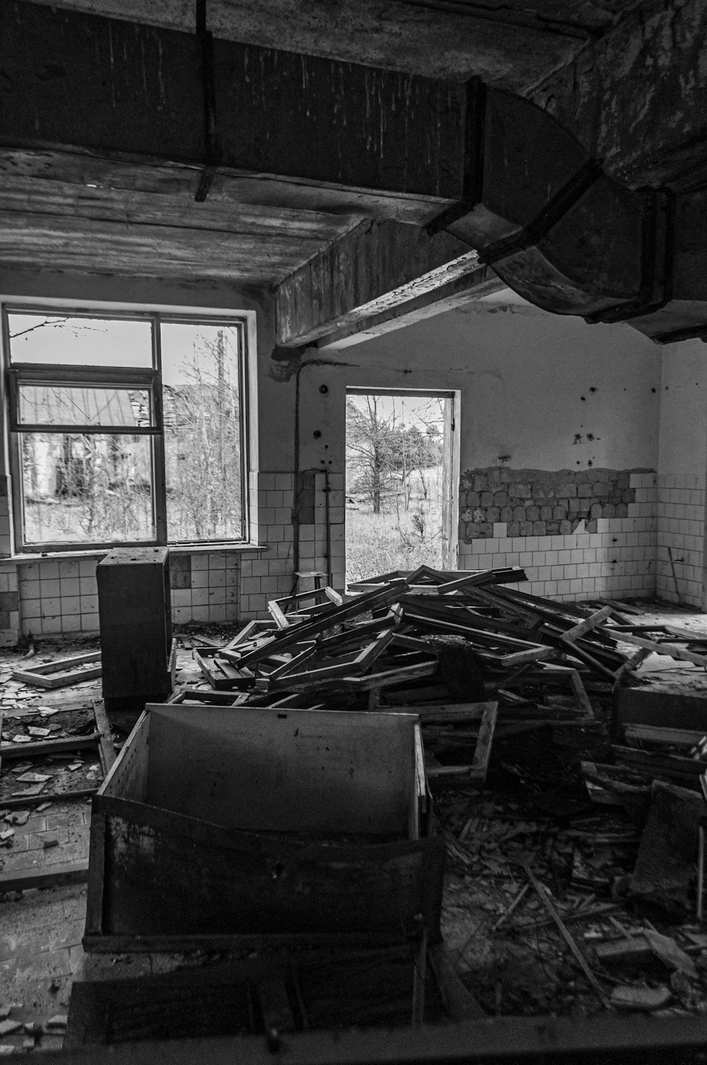 a room is filled with rubble