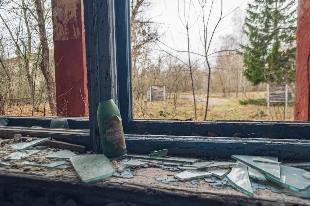 a window with a green bottle and a green can on it