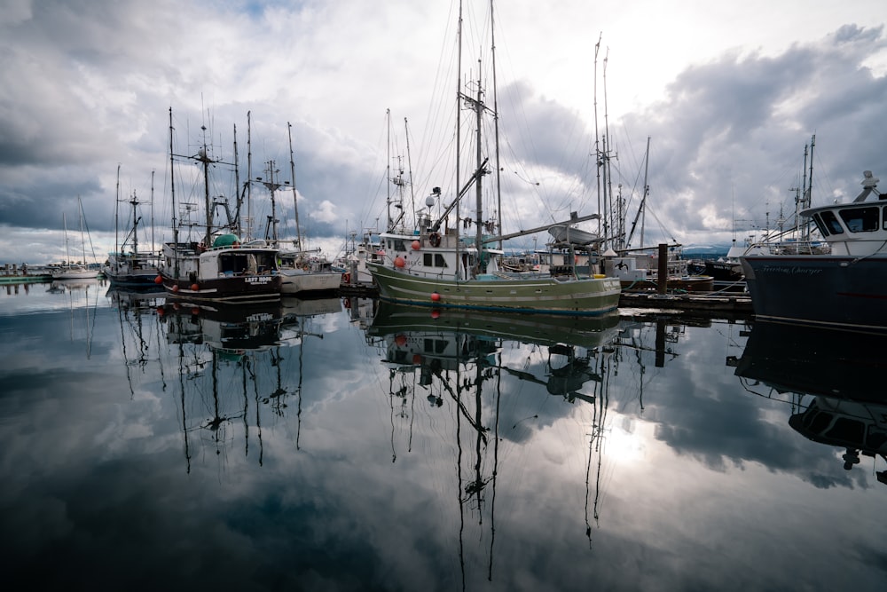 a group of boats sit in a harbor