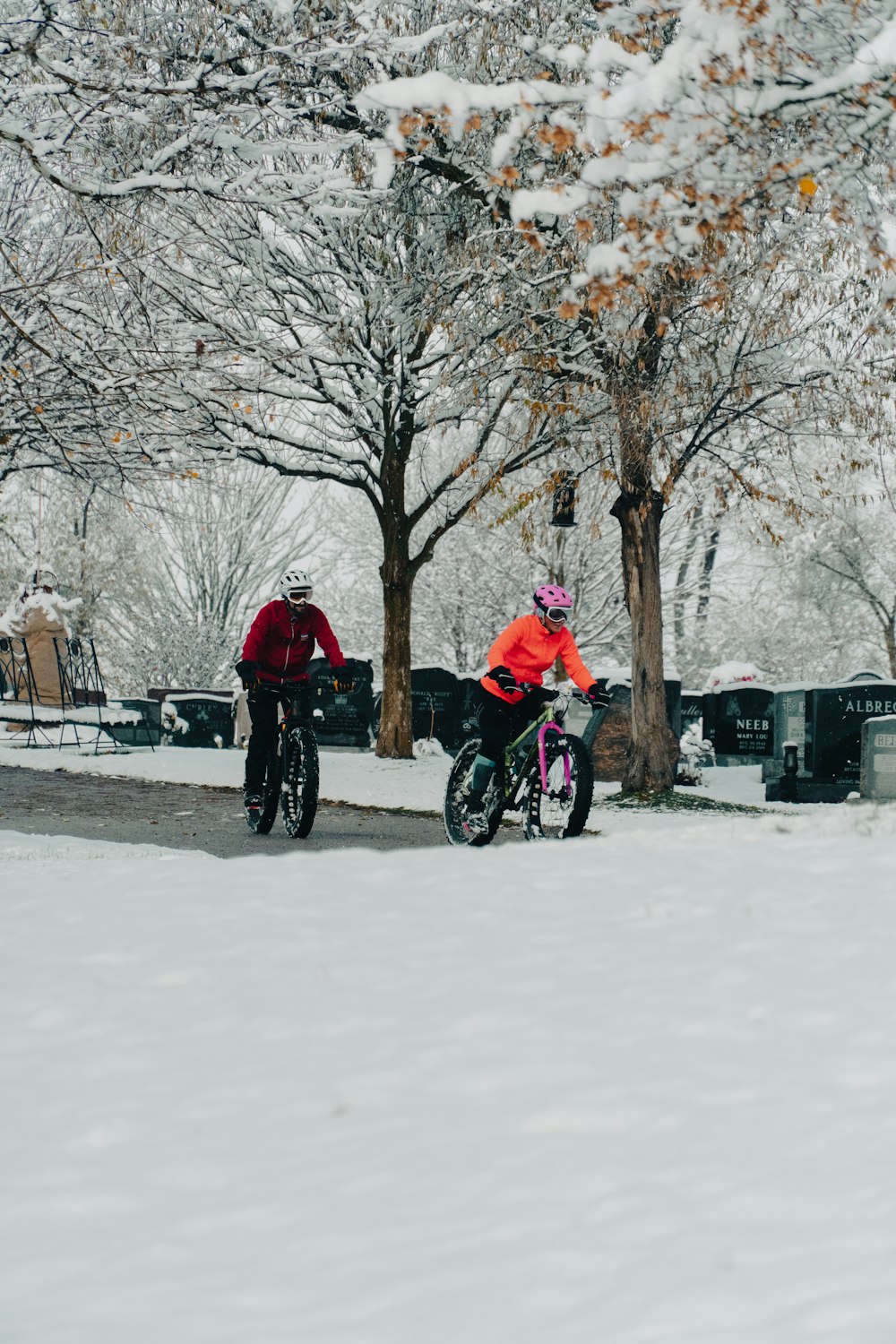 a person on a bicycle with a child on a bike in the snow