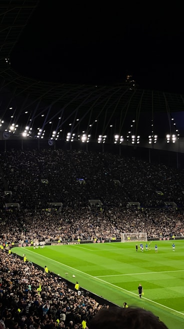 A vibrant football stadium filled with cheering fans during a night match.