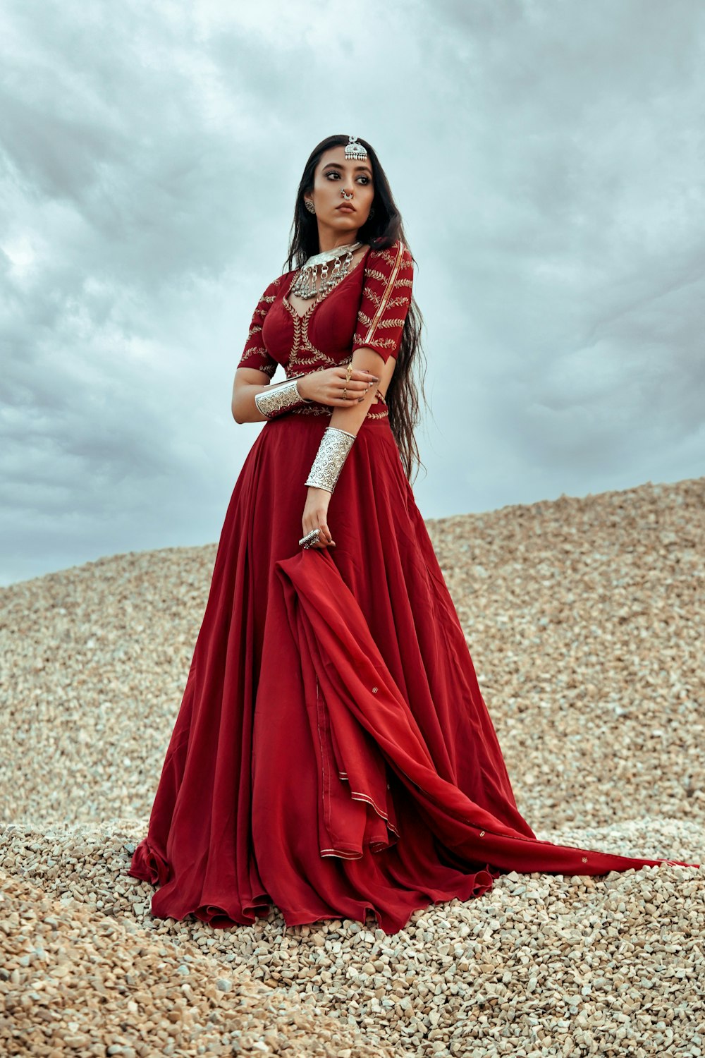 a woman in a red dress