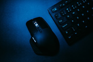a computer mouse next to a keyboard