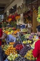 A traditional Brazilian market with fresh fruits and spices, bustling with friendly vendors.