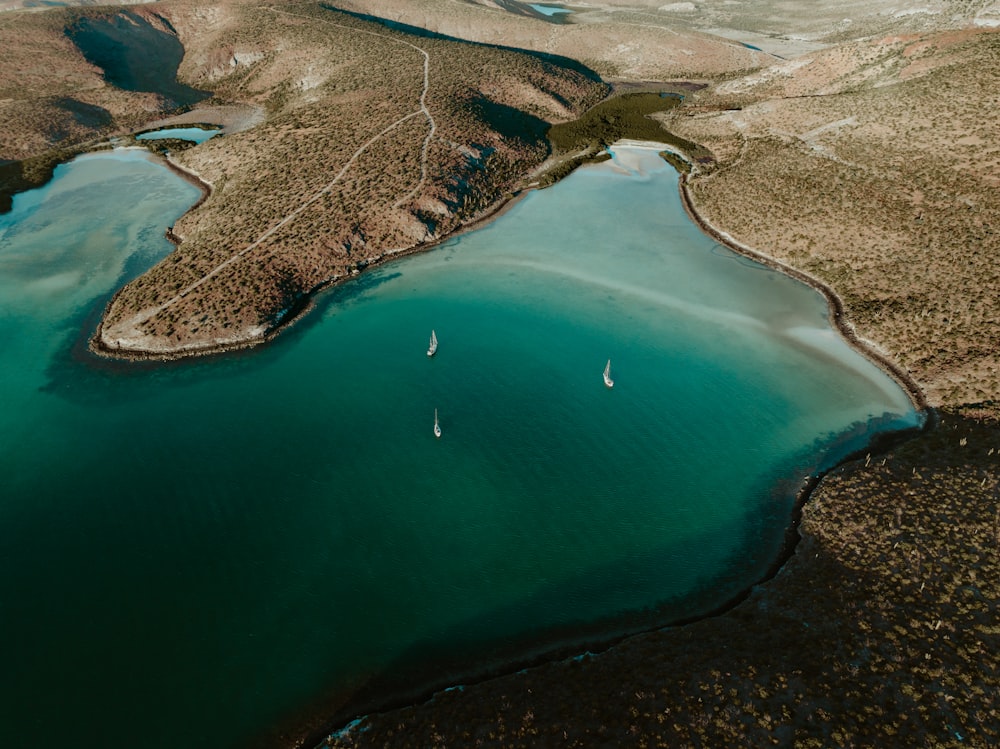 a large body of water with land around it