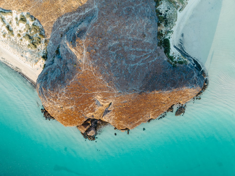 a large brown rock in the water