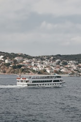 A large passenger ferry is moving across a body of water, with a backdrop of a hilly landscape filled with numerous white houses with red roofs. The houses appear densely packed, typical of a coastal town or village. The sky is overcast, contributing to a calm and serene atmosphere.