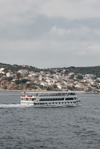 A large passenger ferry is moving across a body of water, with a backdrop of a hilly landscape filled with numerous white houses with red roofs. The houses appear densely packed, typical of a coastal town or village. The sky is overcast, contributing to a calm and serene atmosphere.