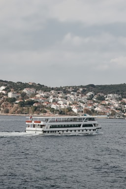 A large passenger ferry is moving across a body of water, with a backdrop of a hilly landscape filled with numerous white houses with red roofs. The houses appear densely packed, typical of a coastal town or village. The sky is overcast, contributing to a calm and serene atmosphere.