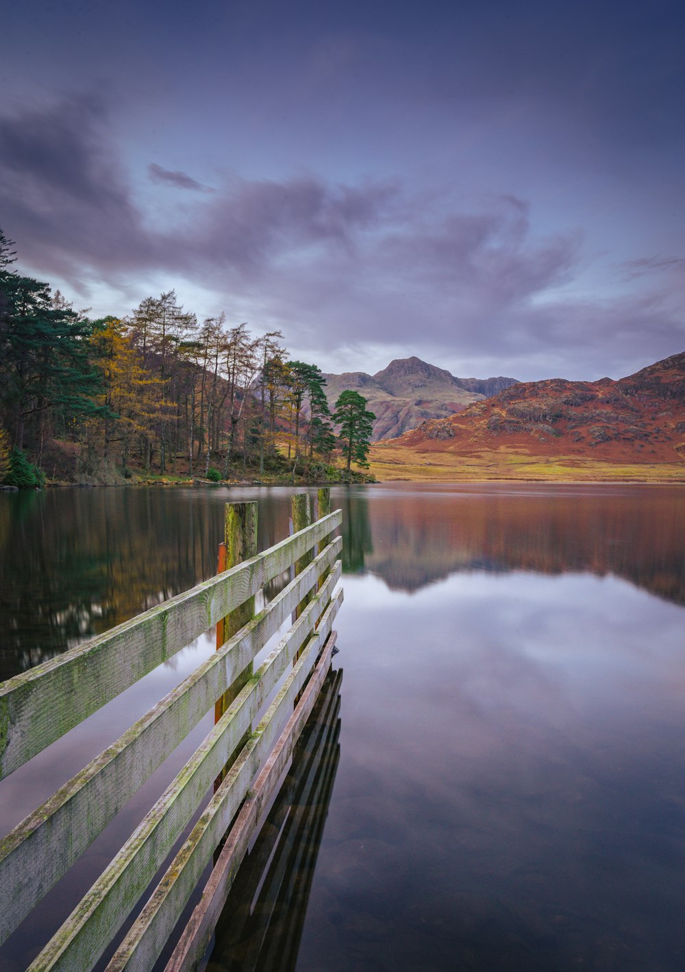 a body of water with trees and mountains in the background